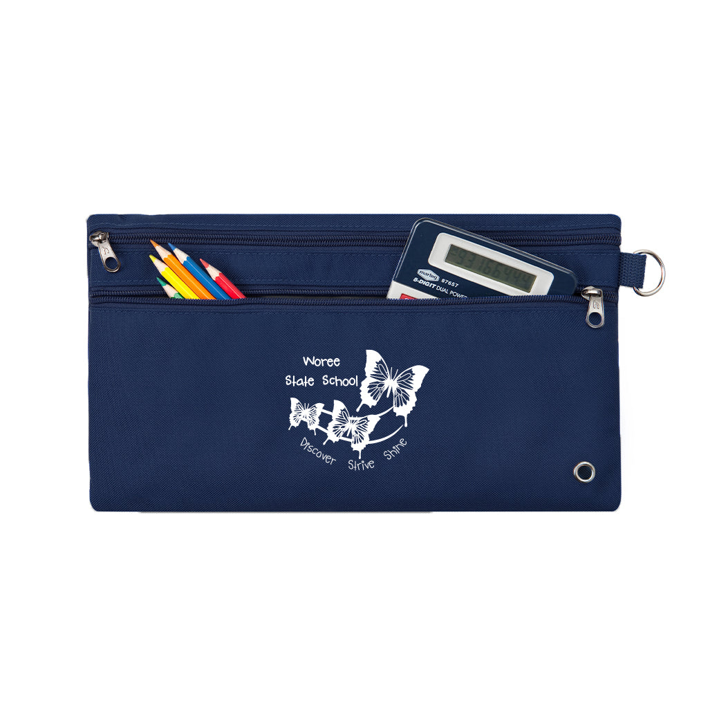 Harlequin navy pencil case front angle displaying two zip compartments and D-ring with Woree State Primary School logo