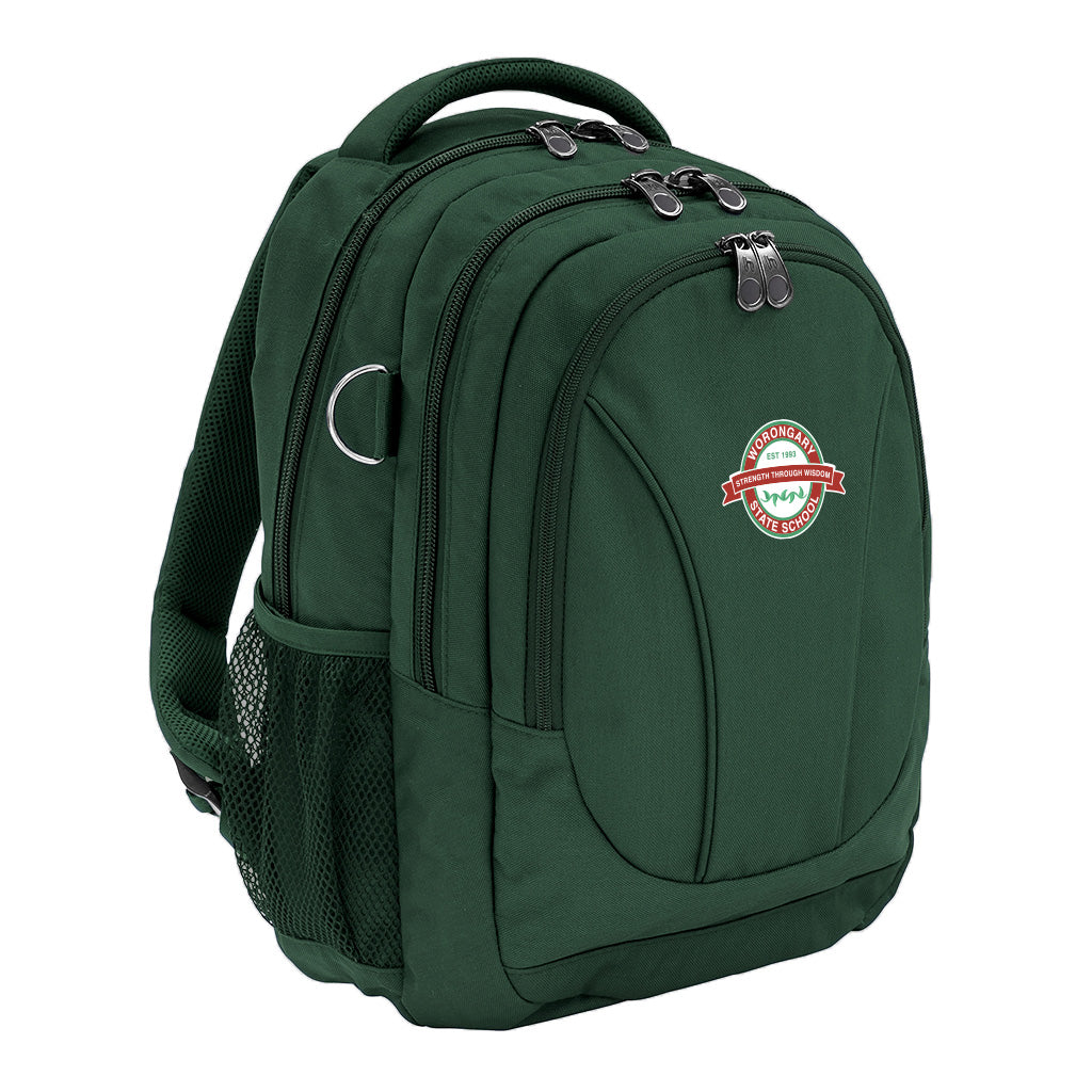  Green ergonomic backpack with spinal support, three compartments, padded laptop pocket, phone pocket, water bottle holder, and D-ringÑdesigned for comfort and style and Worongary State School logo