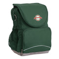 Worongary State School Ergo Tuff-Pack backpack Green. Front side angle, padded shoulder straps, two zipper compartments, front zipper pocket, D-Ring and mesh water bottle.