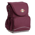 Worongary State School Ergo Tuff-Pack backpack Maroon. Front side angle, padded shoulder straps, two zipper compartments, front zipper pocket, D-Ring and mesh water bottle.