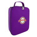 Harlequin lunch bag in purple colour front side angle displaying carry handle, durable water repellent material with Worongary State School logo