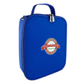 Harlequin lunch bag in royal blue colour front side angle displaying carry handle, durable water repellent material with Worongary State School logo