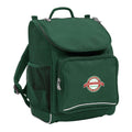 Mighty backpack in colour green, front side angle displaying carry handle, padded shoulder straps, top zipper compartment, front zipper pocket and mesh water bottle holder with Worongary State School logo
