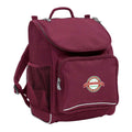 Mighty backpack in colour maroon, front side angle displaying carry handle, padded shoulder straps, top zipper compartment, front zipper pocket and mesh water bottle holder with Worongary State School logo