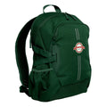 Green Harlequin Quantum Backpack Bag with personalisation, two compartments with zip closure, light reflectors on the front pocket and adjustable straps and bottle holder on the sides of the bag.