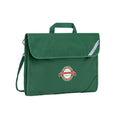 Harlequin Window Safety Library bag in Green displaying carry handle, velcro opening, shoulder strap, reflector safety strip, reinforced corners and Worongary State School logo