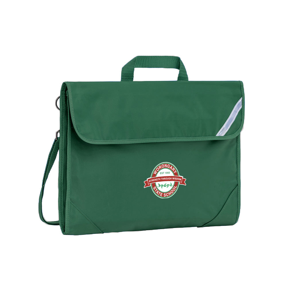 Harlequin Window Safety Library bag in Green displaying carry handle, velcro opening, shoulder strap, reflector safety strip, reinforced corners and Worongary State School logo