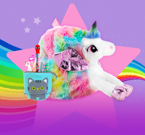Fun Stuff products including a plush unicorn backpack and cat pop up pencil case
