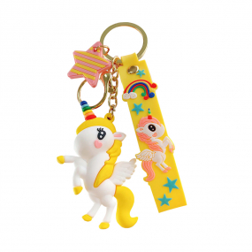 Yellow Unicorn Keyring with strap, star embellishment and gold coloured hardware and chain