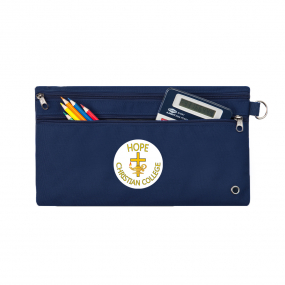 Harlequin Navy pencil case front angle displaying two zip compartments and D-ring with Hope Christian logo 