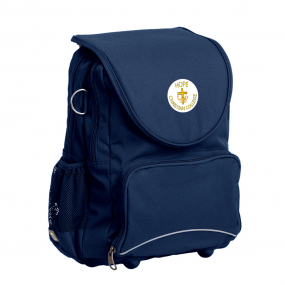 Harlequin Ergo Tuff-Pack shown in navy blue, side angle and front pocket with Hope christian logo