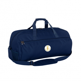 Harlequin Sports Bag in Navy front angle displaying carry handles, top zip compartment, front lower zip compartment, shoulder strap and Hope Christian logo
