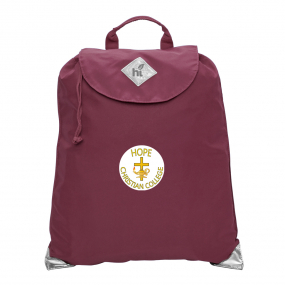 Harlequin maroon eco excursion bag front angle view displaying handle, velcro fastening with drawstring toggle, reflective safety corners and Hope Christian logo 