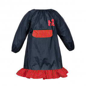 Harlequins Art Frock in Navy with a red polka dot pocket and frill around the bottom.