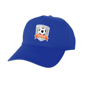Harlequin royal blue baseball hat displaying a soft cap with a rounded crown and a stiff ball sitting on the top of the hat with soccer personalisation  