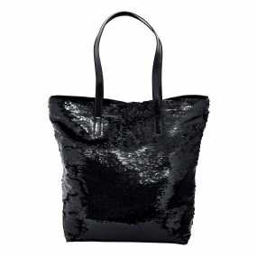 Better Tote black sequence bag front \view displaying long carry handle, with reversible black sequins covering the whole front of the bag 