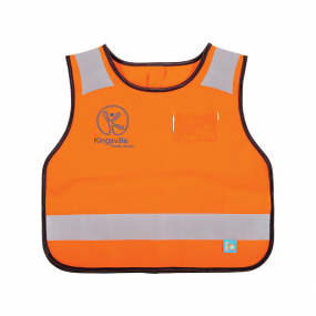 Harlequin Hi-Viz orange safety bib displaying reflective stripes and patches with Kingsville logo