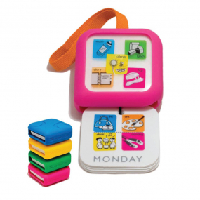 Cubeo children's organiser displaying a handle, rubber cover and card images to organise your child's day
