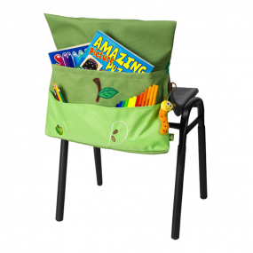 Green Step-By-Step Apple chair bag front angle view displaying two pockets, D ring and toy caterpillar 