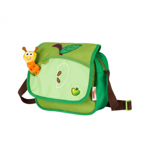Green Step-By-Step messenger bag front angle view displaying top pocket with flap, strap,  and toy caterpillar 