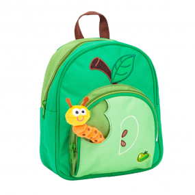 Green Step-By-Step Apple mini backpack front angle view displaying handle, back pocket, front pocket, D ring and toy caterpillar which has its own pocket