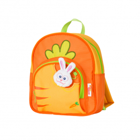 Orange Step-By-Step Carrot mini backpack front angle view displaying handle, back pocket, front pocket, and toy rabbit which has its own pocket