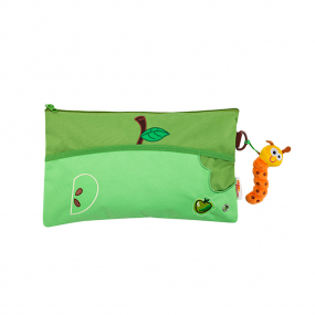 Green Step-By-Step Apple pencil case front angle view displaying top pocket zip, D ring and toy caterpillar 