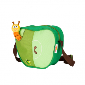 Green Step-By-Step Apple shoulder bag front angle view displaying top pocket, shoulder srtap,  toy caterpillar 