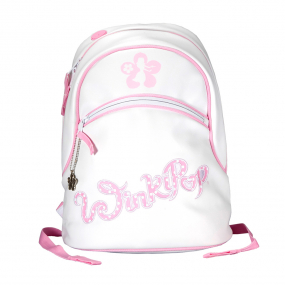 White and Pink Polkadot Winkipop surf backpack front angle view showing front pocket with a flower shaped zipper puller