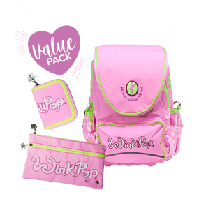 Pink and Lime Winkipop backpack bundle front angle view with backpack, wallet, and pencil case 