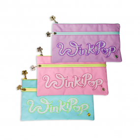 Winkipop flat pencil cases front angle view showing two front pockets both with a flower shaped zipper puller with the winkipop logo placed on the front pocket