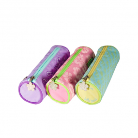 Winkipop tube pencil case top front angle showing top pocket with a flower shaped zipper puller 