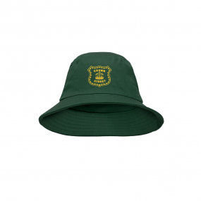 Harlequin green bucket hat displaying a soft cotton with a wide downwards sloping brim with a Crown street Logo