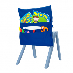 Royal Blue Harlequin chair bag with stationery items, books, pencils and scissors