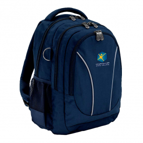 Harlequin Anatomic Tuff-Pack backpack front view in navy blue with Chancellor State School Logo