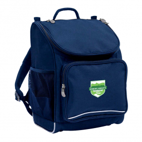 Harlequin Mighty in navy front side angle displaying carry handle, padded shoulder straps, top zipper compartment, front zipper pocket, and mesh water bottle holder with Toowoomba logo
