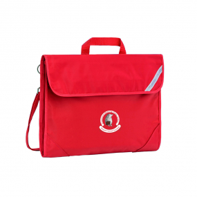 Safety Library bag in Red front angle view displaying carry handle, easy open velcro strap, reflector safety strip, reinforced corners, shoulder straps and the school logo on front pocket 