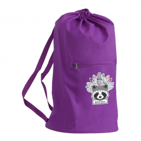 Harlequin Purple eco elite front view displaying draw string opening, shoulder straps, front pocket, and personalisation 