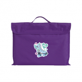 Harlequin purple eco library bag displaying carry handle, velcro flap opening,  PET recycled water repellent fabric and a personalisation 