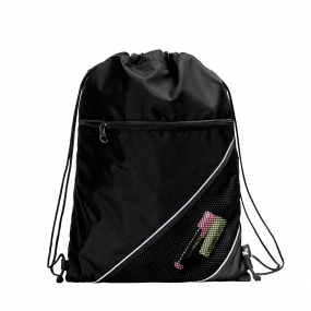 Harlequin black eco sprint bag displaying drawstring opening, top zipper, external zippered pocket, and d-ring trinket holder