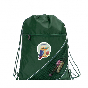Harlequin green eco sprint bag displaying drawstring opening,  top zipper, external zippered pocket, d-ring trinket holder, and personalisation 