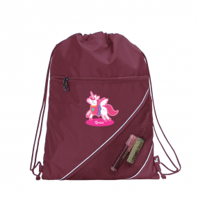 Harlequin maroon eco sprint bag displaying drawstring opening,  top zipper, external zippered pocket, d-ring trinket holder, and personalisation 