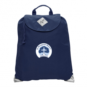 Harlequin navy eco excursion bag front angle view displaying handle, velcro fastening with drawstring toggle and reflective safety corners with St Margaret Mary's logo