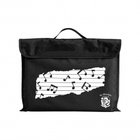 Harlequin black eco library bag displaying carry handle, velcro flap opening, and pre-printed with a melody motif and St Aloysius logo