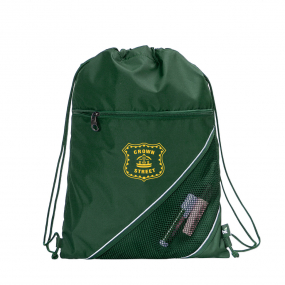 Harlequin green eco sprint bag displaying drawstring opening, top zipper, external zippered pocket, d-ring trinket holder and Crown street logo 
