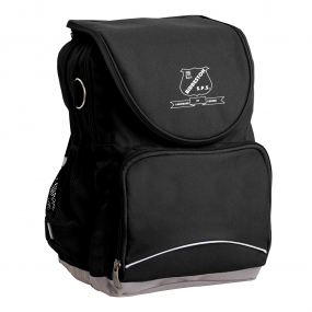 Biddeston State School Ergo Tuff-Pack shown in black, side angle and front pocket.