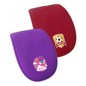 Purple and red detachable flaps with personalised designs of a balloon and a soccerball