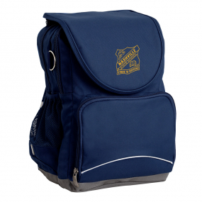 Ergo Tuff-Pack in Navy blue with the schools Nashville State School logo on the front flap.