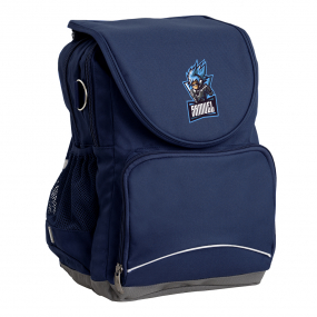 Harlequin Ergo Tuff-Pack backpack in navy blue front side angle, padded shoulder straps, two zipper compartments, front zipper pocket, D ring and mesh water bottle holder with personalised design