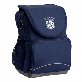 Harlequin Ergo Tuff-Pack shown in navy blue, side angle and front pocket with St Aloysius logo